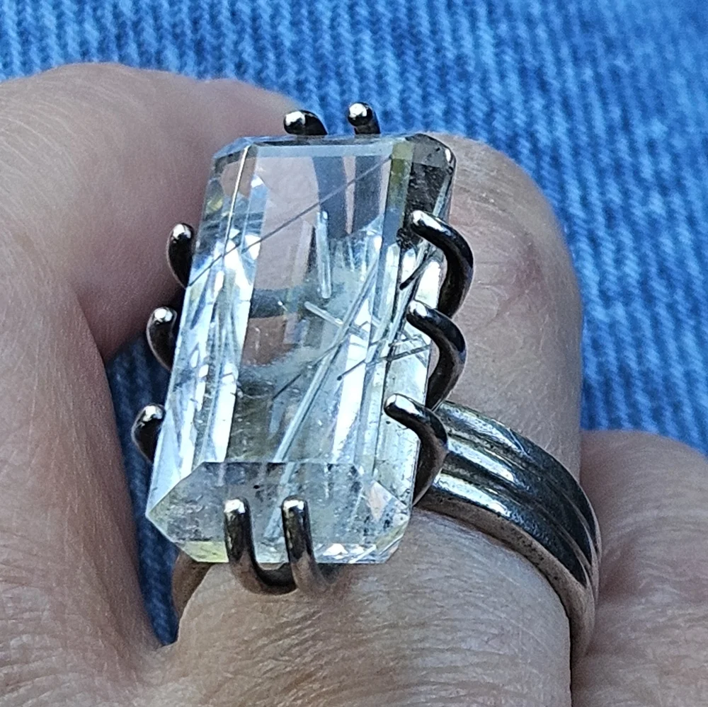 Vintage Huge Rutilated White Quartz Sterling Silver Ring - Picture 8 of 14